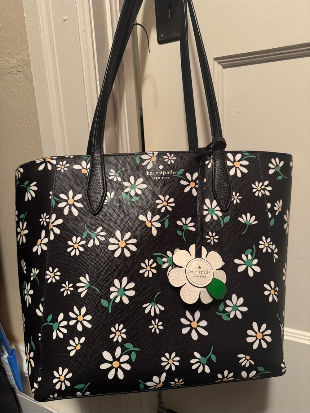 kate spade Black Daisy Print Leather Tote with Green Accents